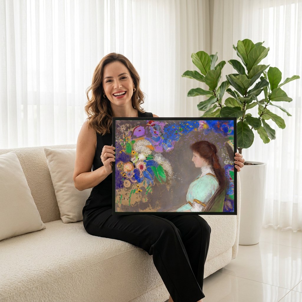 Quadro Decorativo A Jovem e as Flores - Odilon Redon | modelo apresentando o quadro emoldurado