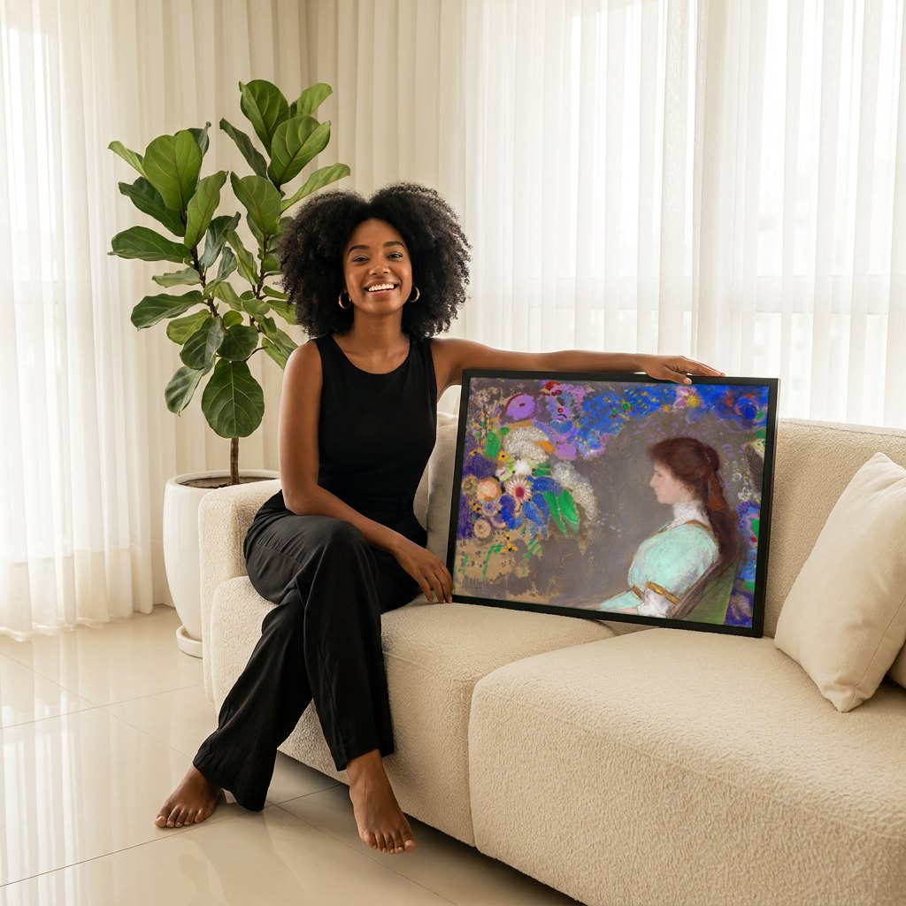 Quadro Decorativo A Jovem e as Flores - Odilon Redon | modelo apresentando o quadro emoldurado