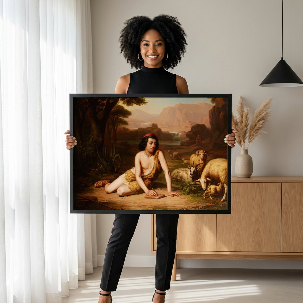 Quadro Decorativo Jovem Pastor - Godward | modelo apresentando o quadro emoldurado