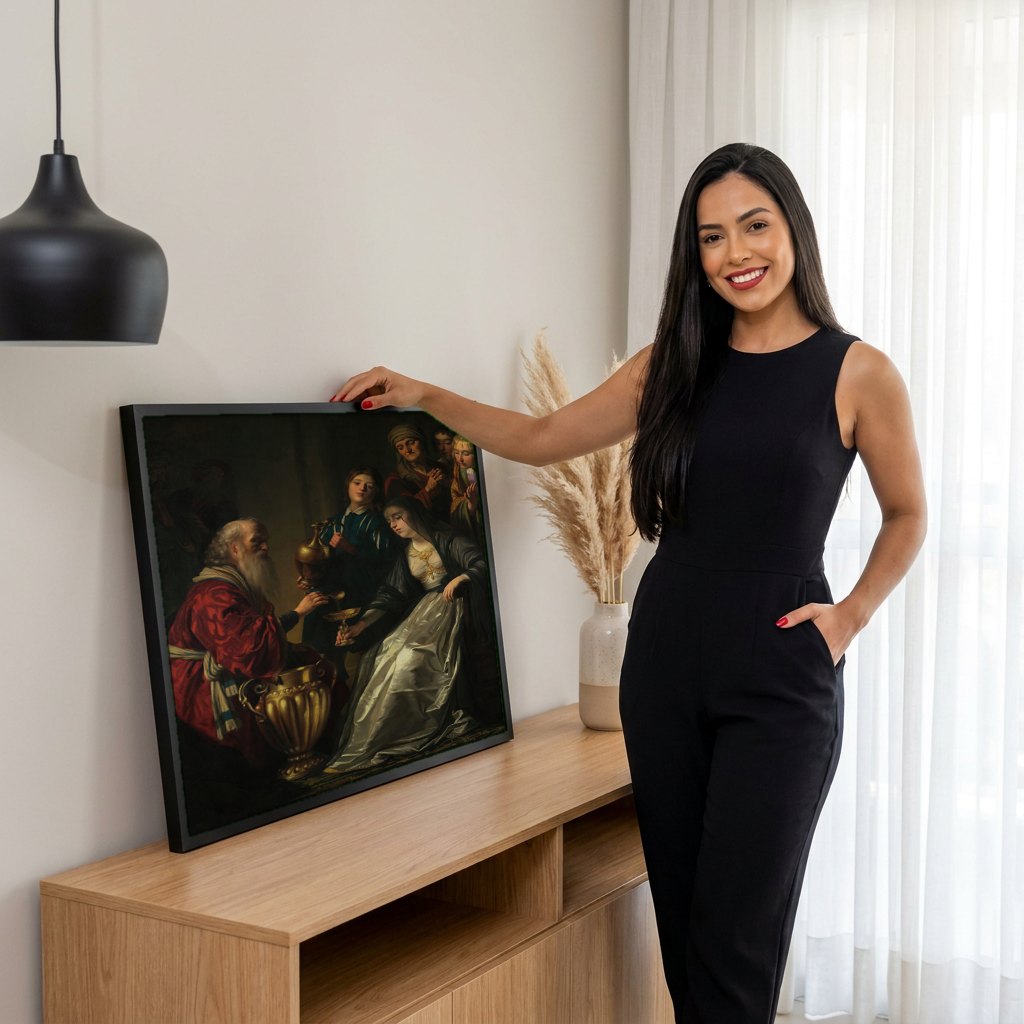 Quadro Decorativo A Oferta a Sara - Gerard van Honthorst | modelo apresentando o quadro emoldurado