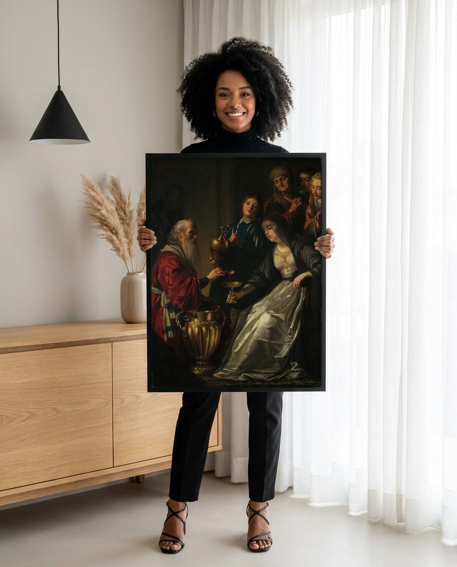 Quadro Decorativo A Oferta a Sara - Gerard van Honthorst | modelo apresentando o quadro emoldurado