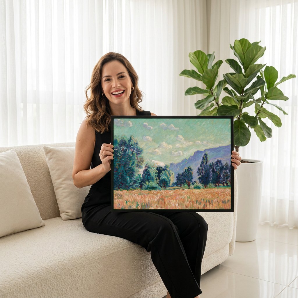 Quadro Decorativo Campo de Trigo - Armand Guillaumin | modelo apresentando o quadro emoldurado