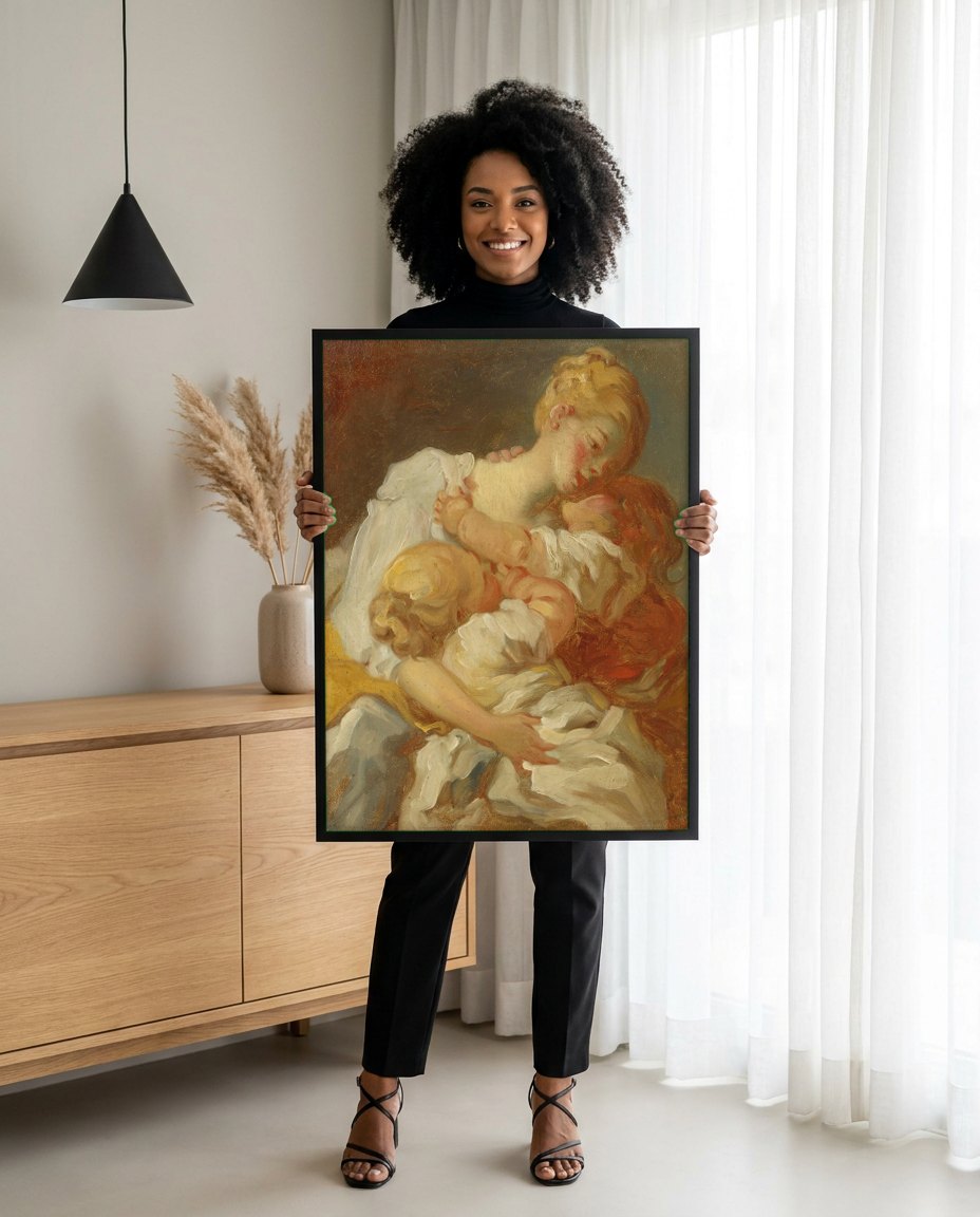 Quadro Decorativo A Mãe Feliz - Fragonard | modelo apresentando o quadro emoldurado