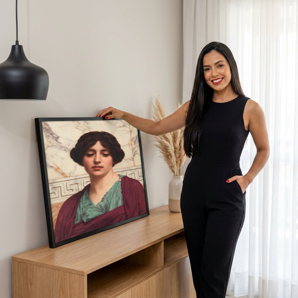 Quadro Decorativo 'A Sacerdotisa' - Godward | modelo apresentando o quadro emoldurado