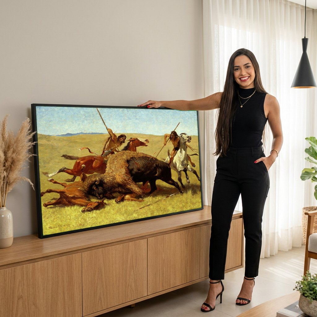 Quadro Decorativo A Caçada ao Bisão - Frederic Remington | modelo apresentando o quadro emoldurado