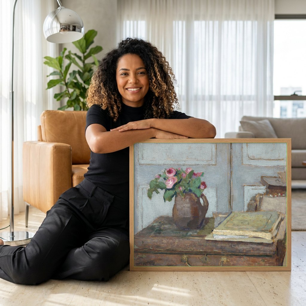 Quadro Decorativo 'Rosas e Livros' - Édouard Vuillard | modelo apresentando o quadro emoldurado