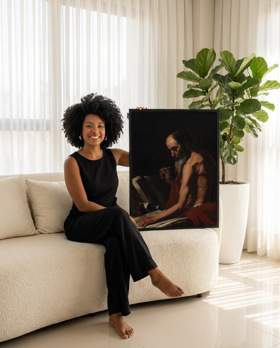 Quadro Decorativo São Jerônimo Escrevendo - Jusepe de Ribera | modelo apresentando o quadro emoldurado