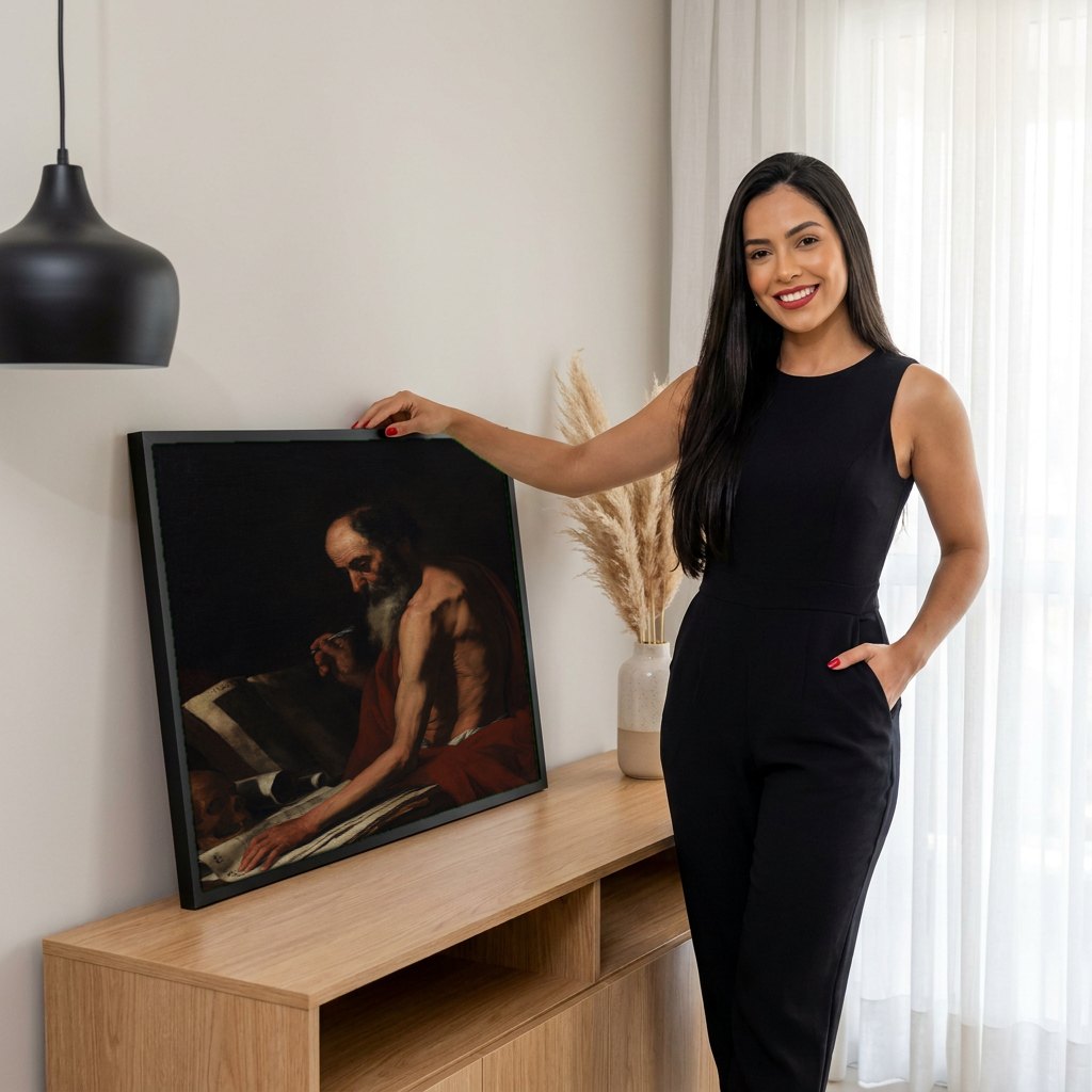 Quadro Decorativo São Jerônimo Escrevendo - Jusepe de Ribera | modelo apresentando o quadro emoldurado