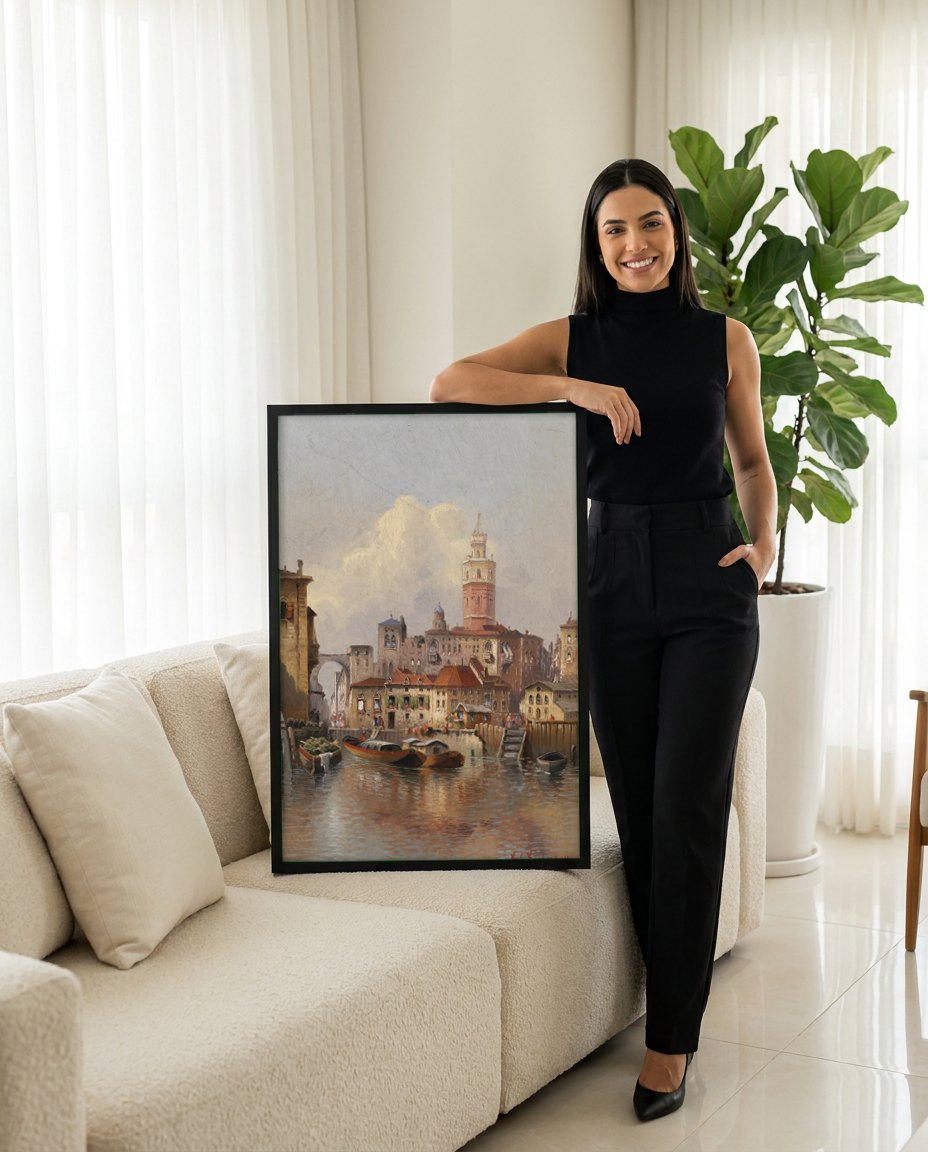 Quadro Decorativo Canal Veneza ao Entardecer - Karl Kaufmann | modelo apresentando o quadro emoldurado