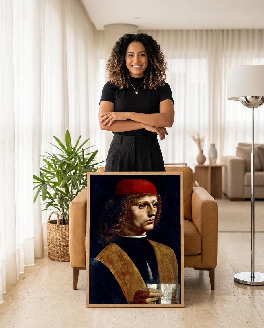 Quadro Decorativo Retrato de um Músico - Da Vinci | modelo apresentando o quadro emoldurado