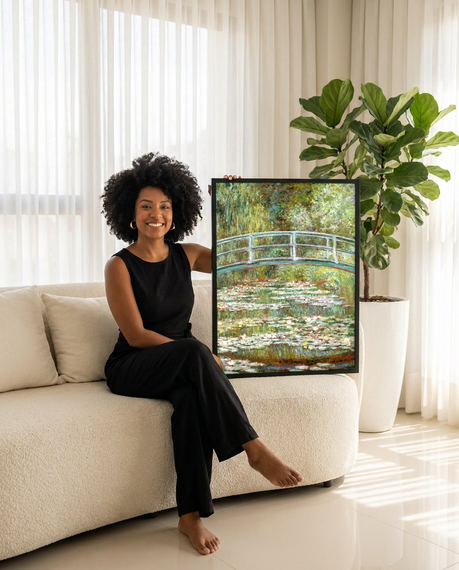 Quadro Decorativo A Ponte Japonesa - Claude Monet | modelo apresentando o quadro emoldurado
