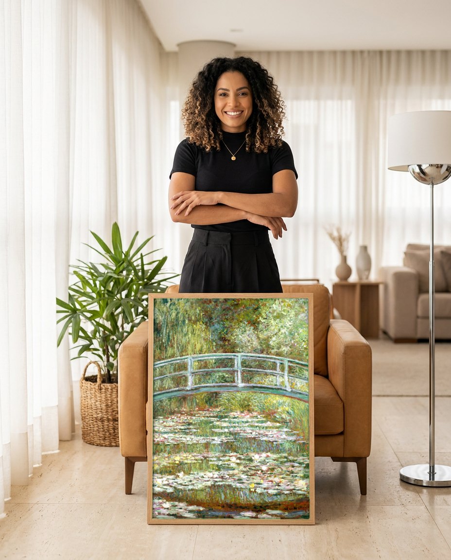 Quadro Decorativo A Ponte Japonesa - Claude Monet | modelo apresentando o quadro emoldurado