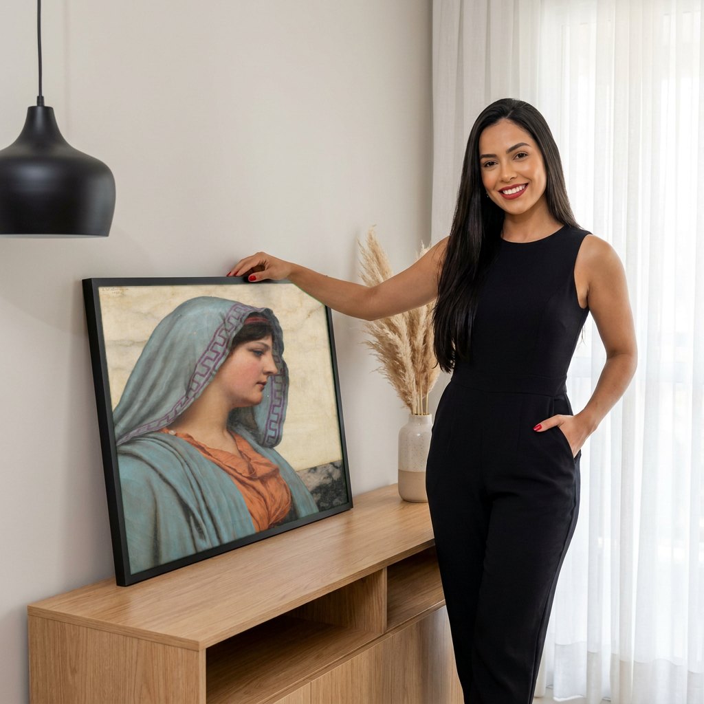 Quadro Decorativo A Jovem Adormecida - Godward | modelo apresentando o quadro emoldurado
