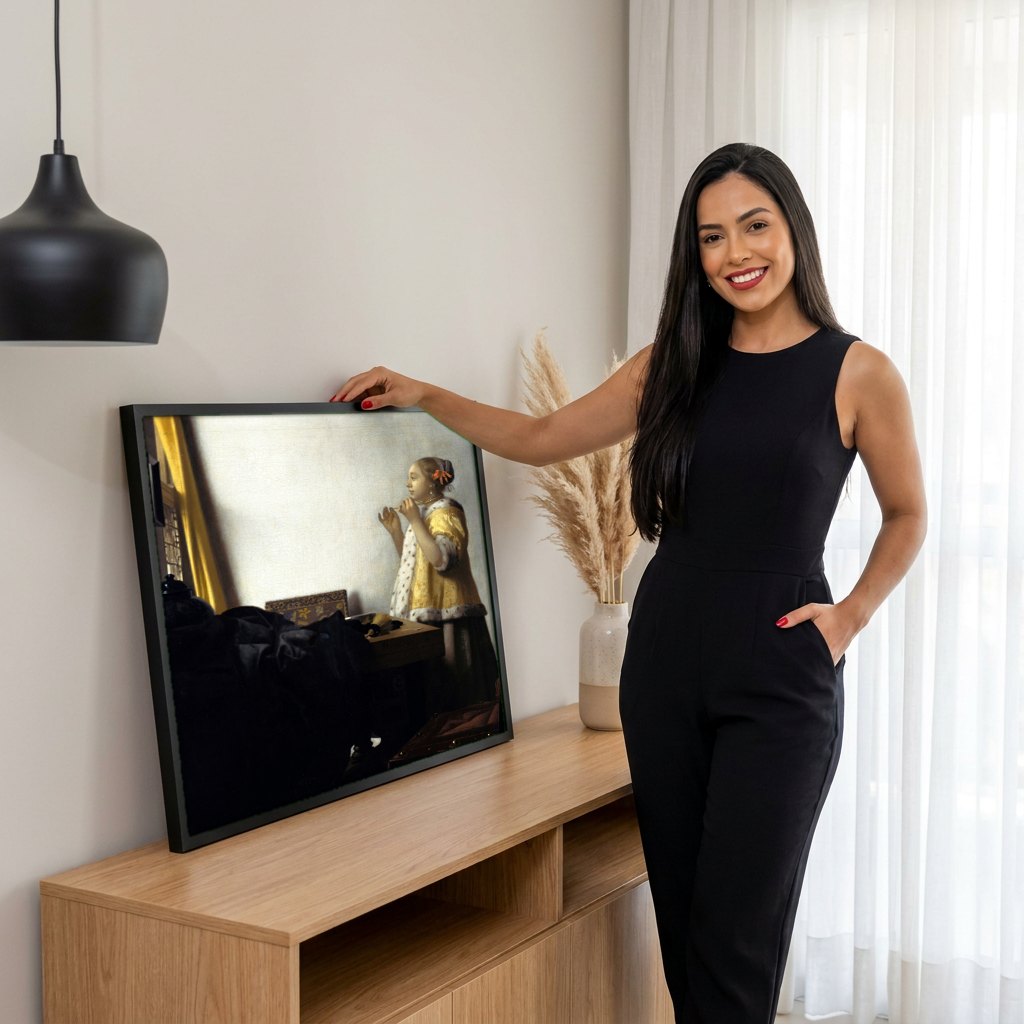 Quadro Decorativo A Mulher com o Colar de Pérolas - Vermeer | modelo apresentando o quadro emoldurado