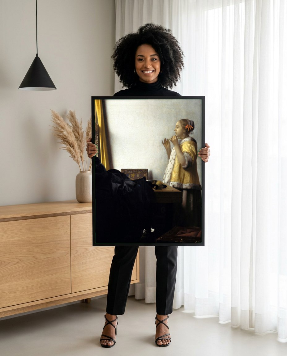 Quadro Decorativo A Mulher com o Colar de Pérolas - Vermeer | modelo apresentando o quadro emoldurado
