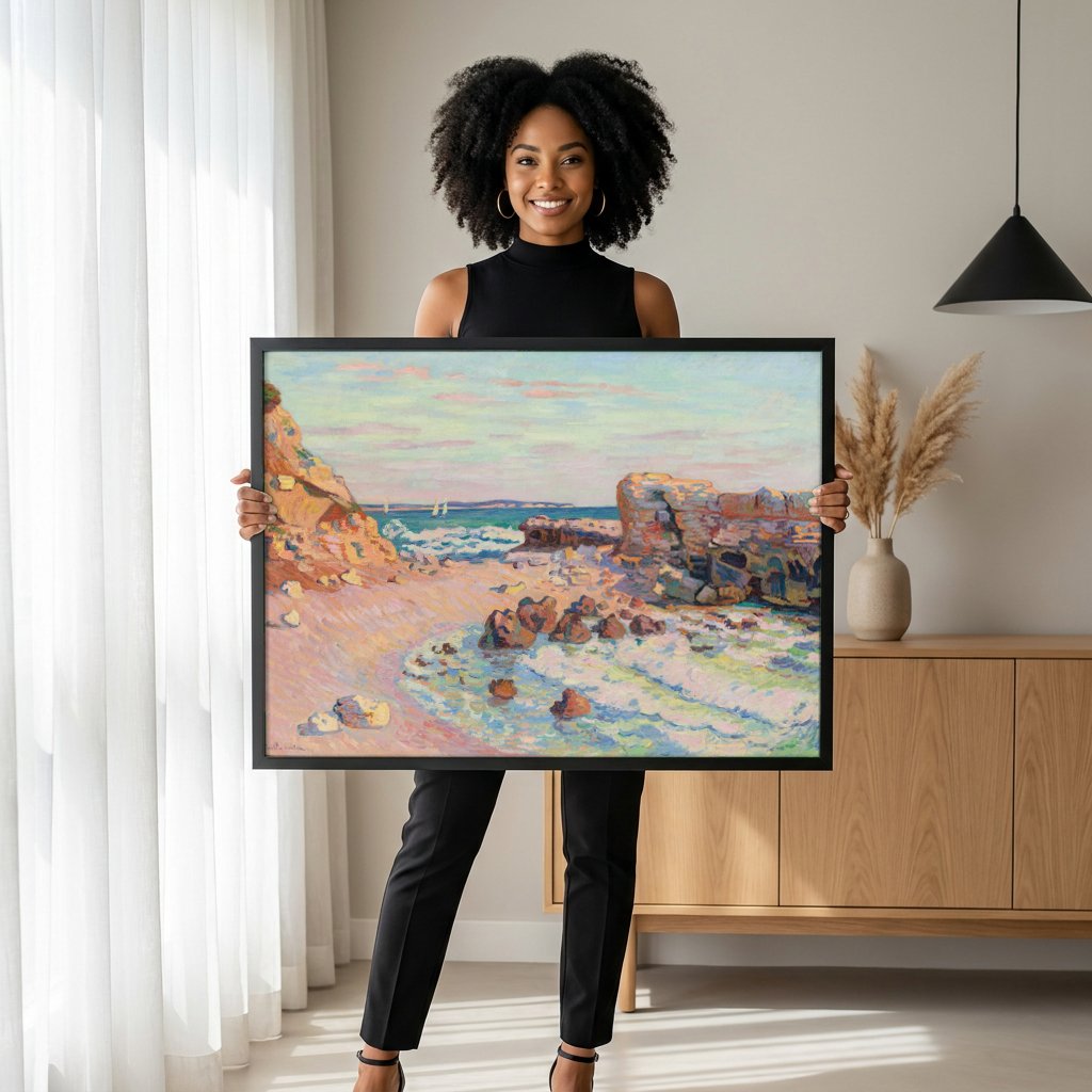 Quadro Decorativo Praia Rochosa - Armand Guillaumin com modelo em ambiente