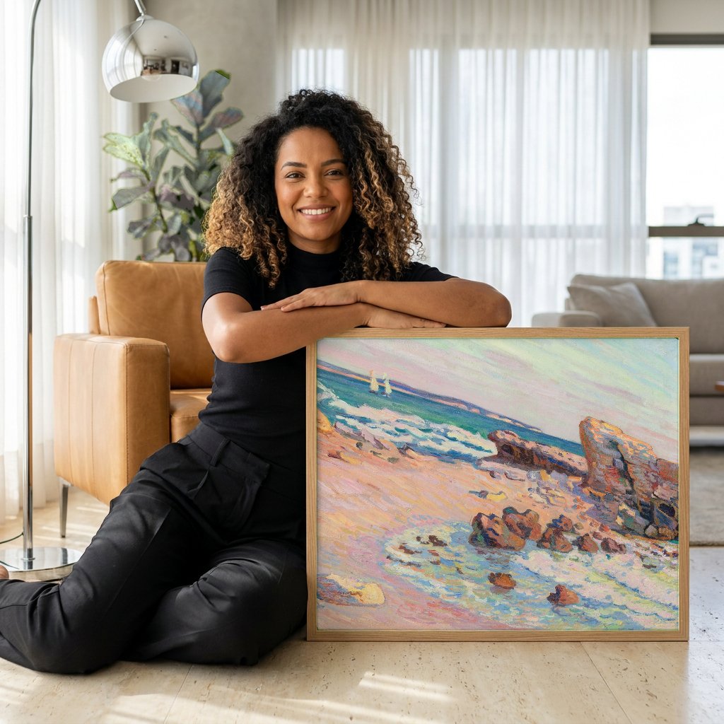 Quadro Decorativo Praia Rochosa - Armand Guillaumin com modelo em ambiente