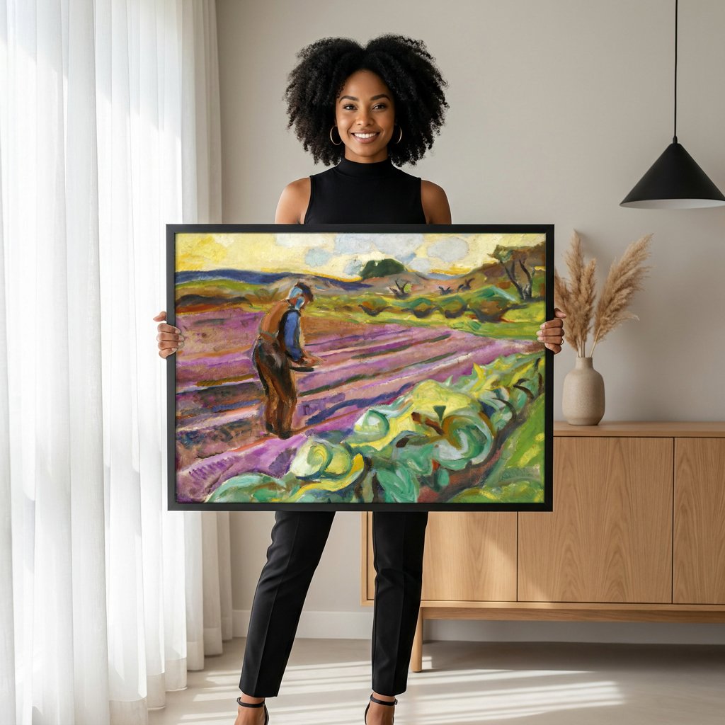 Quadro Decorativo Campo Lavrado - Edvard Munch com modelo em ambiente