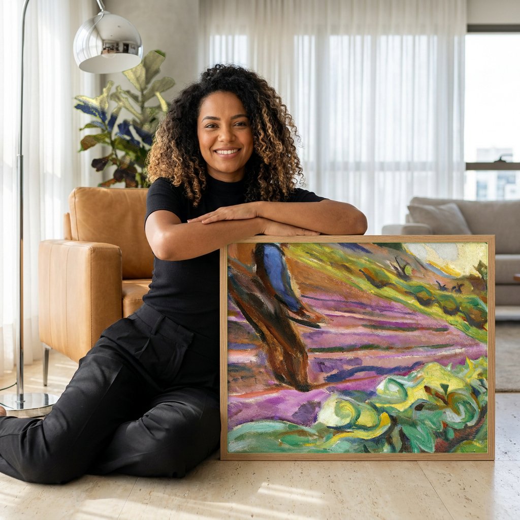Quadro Decorativo Campo Lavrado - Edvard Munch com modelo em ambiente
