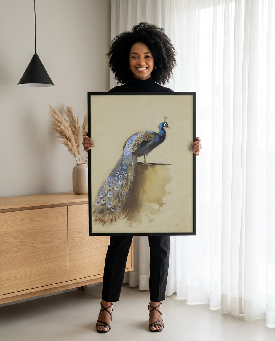 Quadro Decorativo Pavão Real - Archibald Thorburn com modelo em ambiente