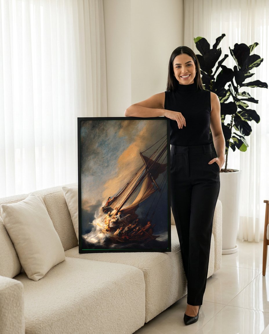 Quadro Decorativo A Tempestade no Mar da Galileia - Rembrandt com modelo em ambiente