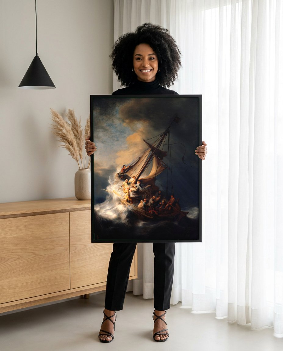 Quadro Decorativo A Tempestade no Mar da Galileia - Rembrandt com modelo em ambiente
