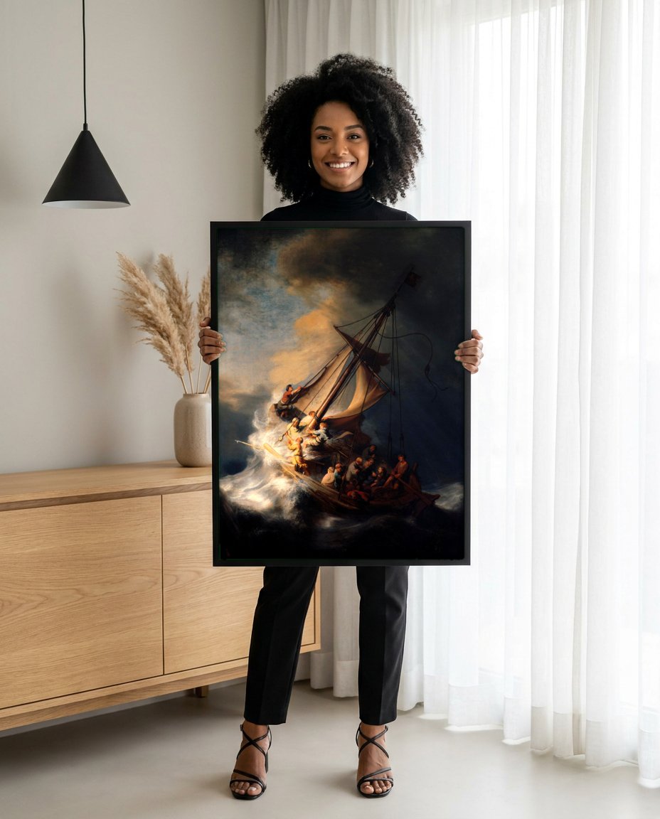 Quadro Decorativo A Tempestade no Mar da Galileia - Rembrandt com modelo em ambiente