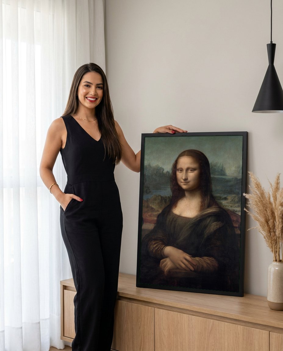 Quadro Decorativo Mona Lisa - Leonardo da Vinci com modelo em ambiente