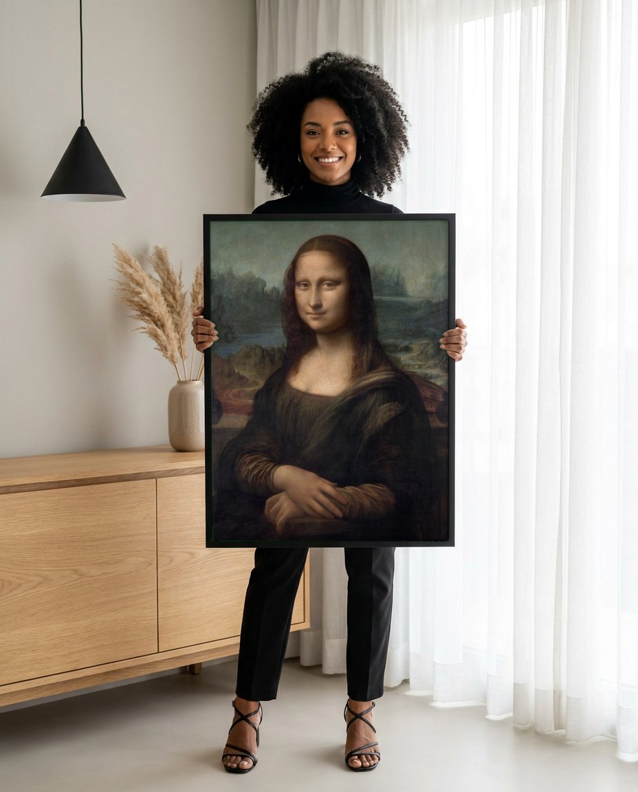Quadro Decorativo Mona Lisa - Leonardo da Vinci com modelo em ambiente