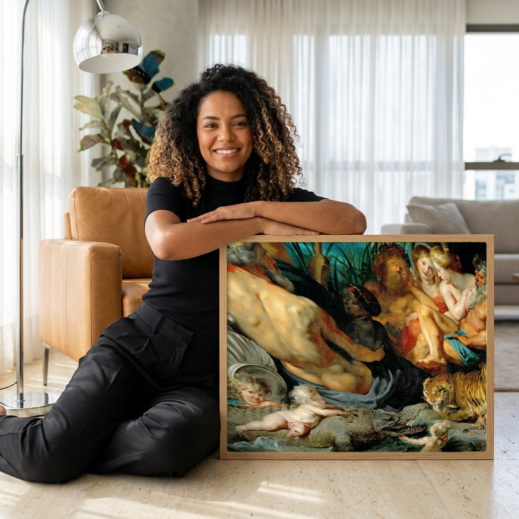 Quadro Decorativo A União da Terra e da Água - Rubens com modelo em ambiente