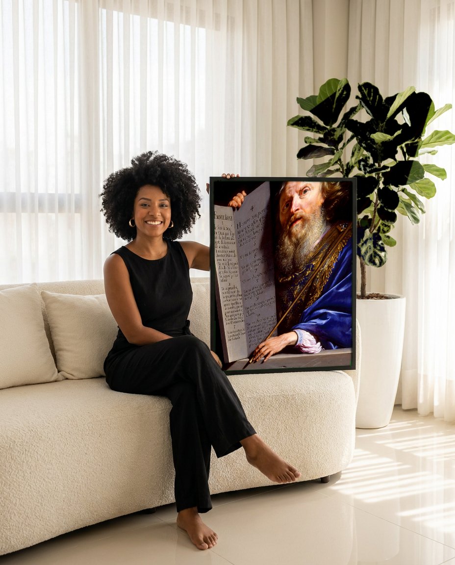 Quadro Decorativo Moisés e os Dez Mandamentos - Philippe de Champaigne com modelo em ambiente