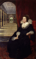Retrato de uma dama vestida em trajes de época do século XVII, com vestido preto, gola de renda branca e penteado elaborado, sentada em uma cadeira vermelha com um fundo de corredor de galeria e cortina vermelha, atribuído a Daniël Mijtens.