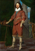 Retrato de corpo inteiro do Rei Carlos I da Inglaterra, pintado por Daniël Mijtens. O rei veste um rico traje vermelho bordado, colarinho branco rendado, e está ladeado por uma coroa e cetro, com colunas e cortinas verdes ao fundo.