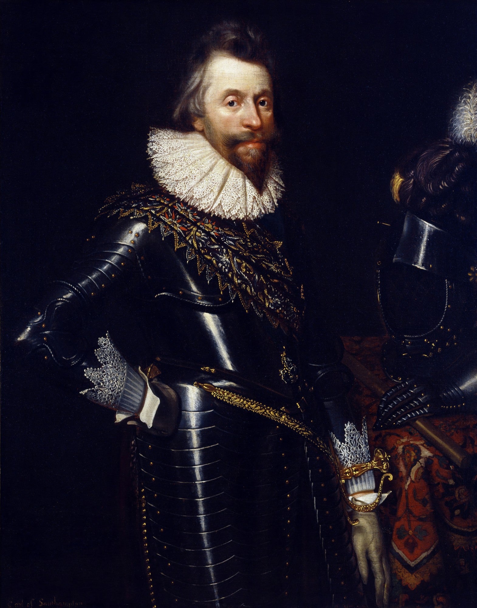 Retrato de um cavalheiro com bigode e barba, vestindo uma armadura preta detalhada e uma gola de renda branca, contra um fundo escuro. A obra é atribuída a Daniël Mijtens.