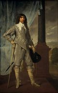 Retrato de um cavalheiro do século XVII por Daniël Mijtens. Ele está em pé, vestindo um traje prateado brilhante, com uma gola de renda branca e longos cabelos castanhos. Segura um chapéu escuro na mão esquerda e uma bengala na direita. Ao fundo, uma coluna e uma cortina azul, com uma paisagem sutil à direita.