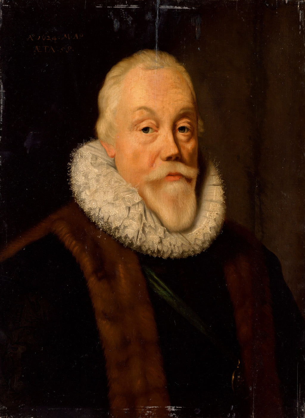 Retrato de um homem idoso com barba e bigode brancos, vestindo um rufo branco e um casaco escuro com gola de pele marrom, em estilo barroco. Atribuído a Daniël Mijtens.