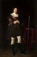 Retrato de corpo inteiro de um cavalheiro do século XVII, atribuído a Daniël Mijtens, com vestes luxuosas em tons de vinho e marrom, colarinho branco plissado, luvas claras e botas escuras, com um chapéu e bengala ao lado sobre uma mesa coberta de veludo vermelho.