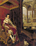 Retrato a óleo de James Hamilton, Marquês de Hamilton, por Daniël Mijtens, em quadro decorativo. O nobre veste traje vermelho e branco, sentado em uma cadeira dourada ricamente entalhada, com um cajado na mão. Ao fundo, uma paisagem arquitetônica visível através de arcos, e um cão aos pés.