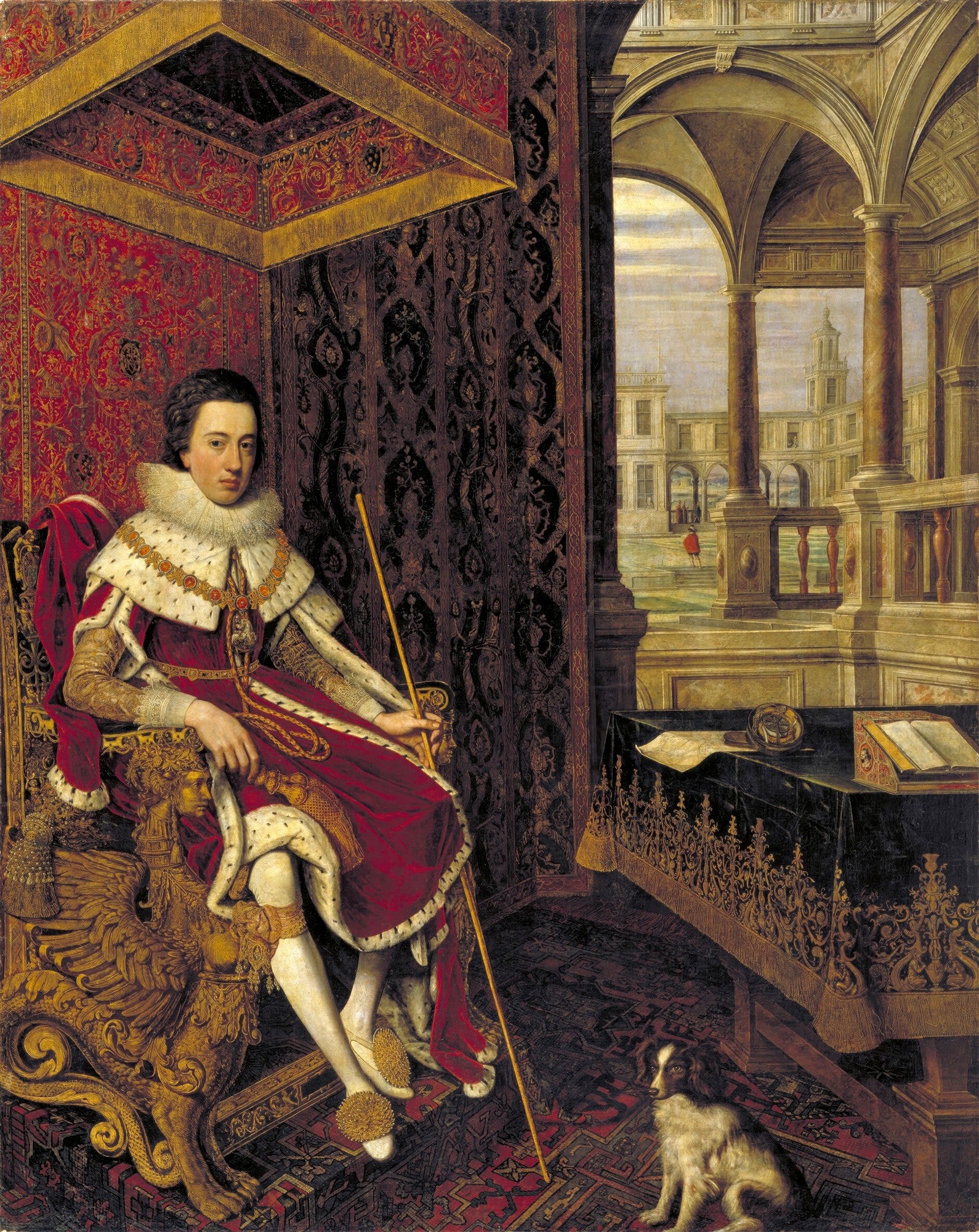 Retrato a óleo de James Hamilton, Marquês de Hamilton, por Daniël Mijtens, em quadro decorativo. O nobre veste traje vermelho e branco, sentado em uma cadeira dourada ricamente entalhada, com um cajado na mão. Ao fundo, uma paisagem arquitetônica visível através de arcos, e um cão aos pés.