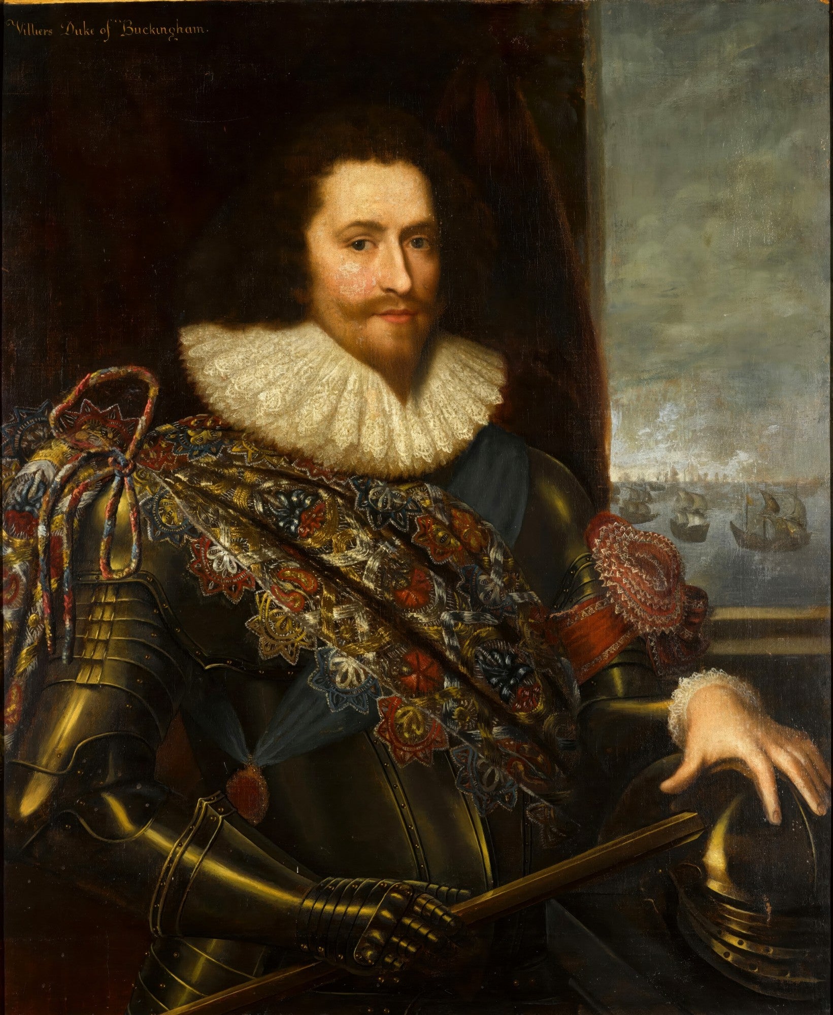 Retrato a óleo de George Villiers, 1º Duque de Buckingham, pintado por Daniël Mijtens. O Duque usa armadura detalhada, gola de rufos branca e uma faixa decorada, com um fundo escuro e uma vista marinha com navios à direita.