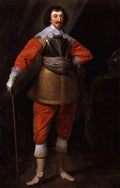 Retrato de um cavalheiro com bigode e cavanhaque, vestindo roupas de época luxuosas em tons de vermelho, dourado e azul escuro, com gola de renda branca, luvas brancas e segurando um cajado. O fundo é escuro e dramático.