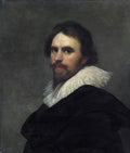 Quadro decorativo de um retrato de cavalheiro do século XVII, atribuído a Daniël Mijtens, com barba e bigode escuros, vestindo um colarinho rendado branco e roupa escura, em um fundo neutro e escuro.