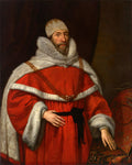 Retrato de um homem barbudo com chapéu branco rendado, gola grande e vestes vermelhas de magistrado, atribuído a Daniël Mijtens. Ele tem uma expressão séria e as mãos repousam sobre uma superfície escura com detalhes em vermelho.