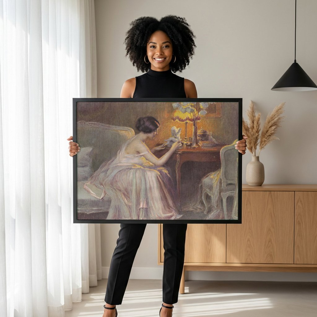 Quadro Decorativo A Dama e o Querubim - Delphin Enjolras com modelo em ambiente
