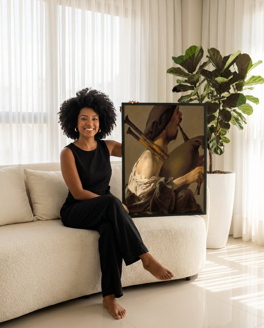 Quadro Decorativo O Tocador de Gaita de Fole - Hendrick ter Brugghen com modelo em ambiente