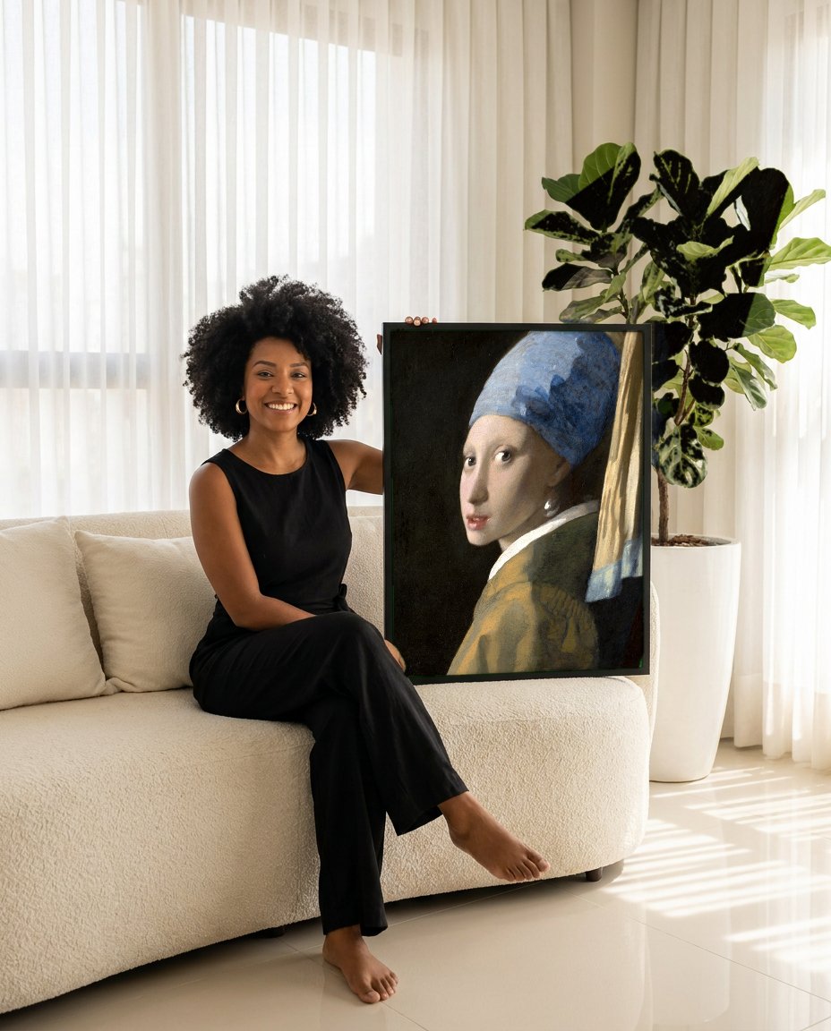 Quadro Decorativo A Moça com o Brinco de Pérola - Vermeer com modelo em ambiente