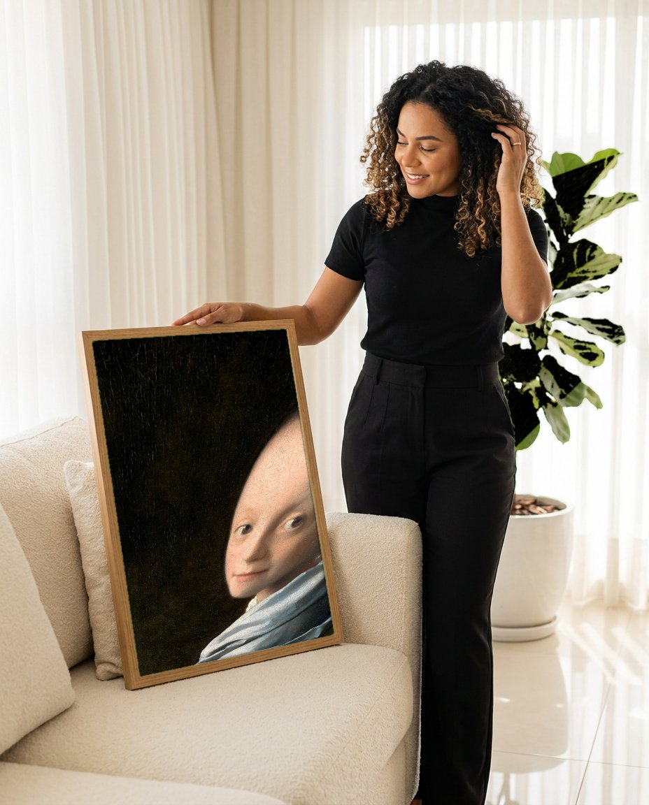 Quadro Decorativo A Moça com o Brinco de Pérola - Vermeer com modelo em ambiente