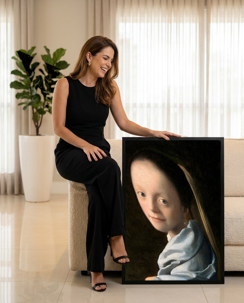 Quadro Decorativo A Moça com o Brinco de Pérola - Vermeer com modelo em ambiente