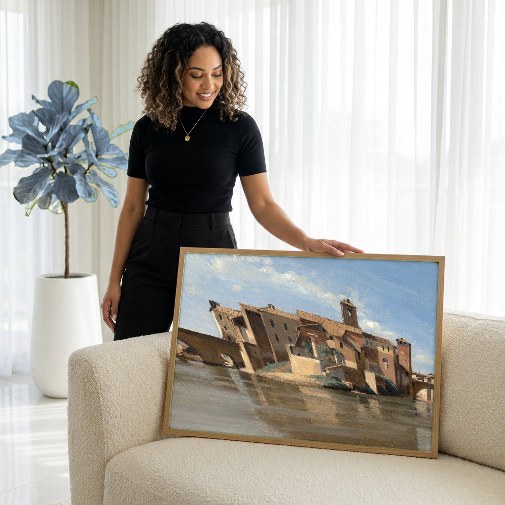 Quadro Decorativo A Ponte e o Castelo de Santo Ângelo - Corot com modelo em ambiente