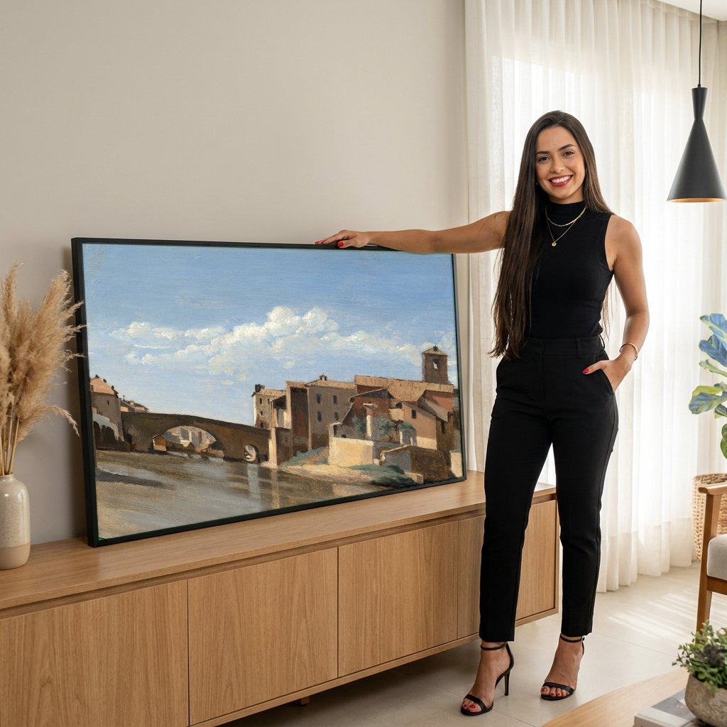 Quadro Decorativo A Ponte e o Castelo de Santo Ângelo - Corot com modelo em ambiente